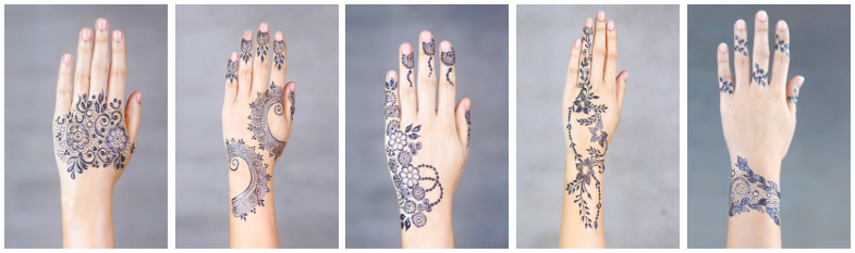 Verschillende voorbeelden van henna-tatoeages op de handen van vrouwen